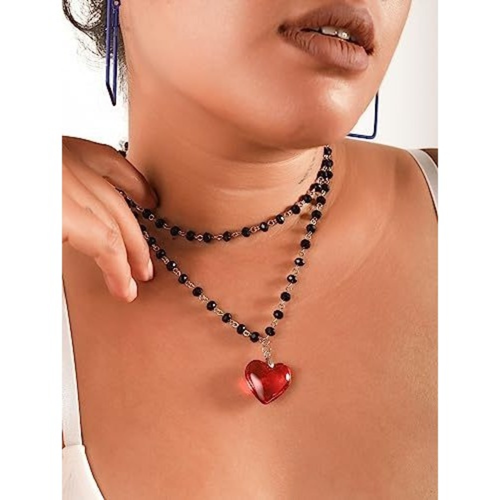 Black Beaded Double Layer Necklace with Red Heart Pendant Goth Punk‎ Alt Jewelry